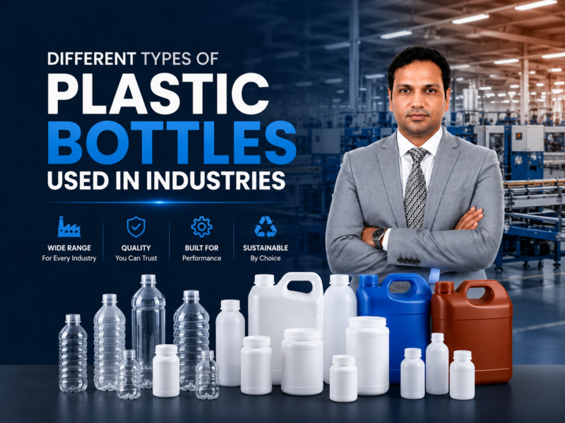 Different types of plastic bottles used in industrial packaging, including PET bottles, HDPE containers, plastic jars, and jerry cans manufactured by Magz Polymers.