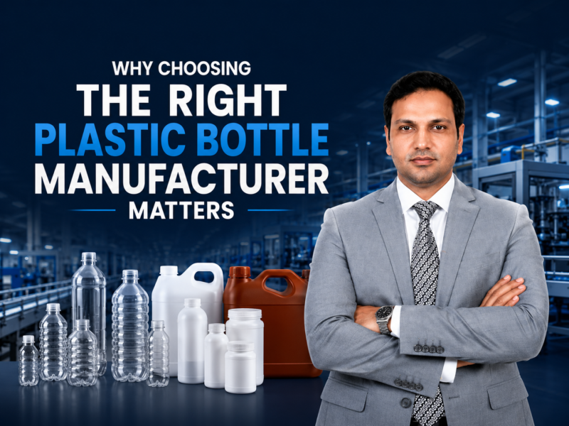 Professional blog cover showcasing plastic bottle manufacturing, packaging solutions, and industrial production by Magz Polymers.
